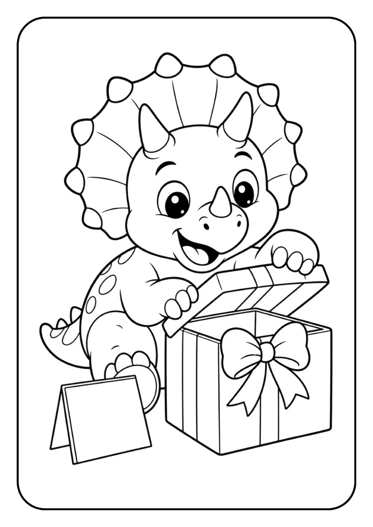 Schattige baby Triceratops kleurplaat die een cadeautje opent met een brede glimlach