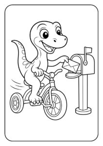 Leuke kleurplaat van een vrolijke dinosaurus die op een driewieler rijdt en een brief in een brievenbus doet