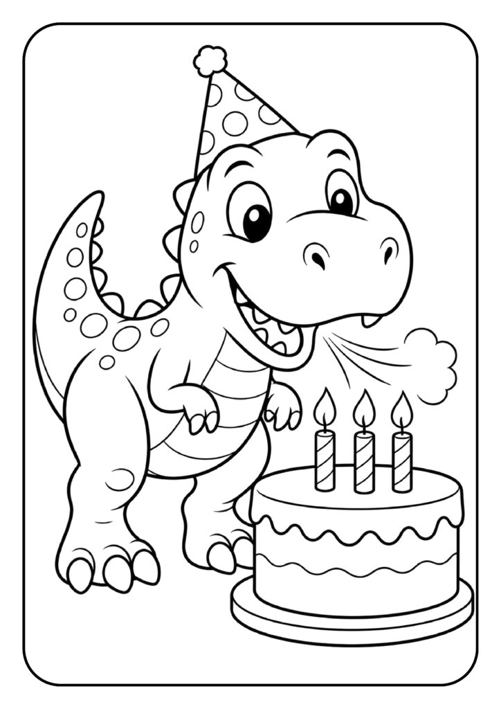 Leuke kleurplaat van een vrolijke dinosaurus met een verjaardagsmuts die blaast op de kaarsjes van een verjaardagstaart