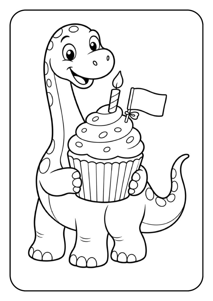 Vrolijke dinosaurus die een verjaardagscupcake vasthoudt met een kaars en een vlaggetje