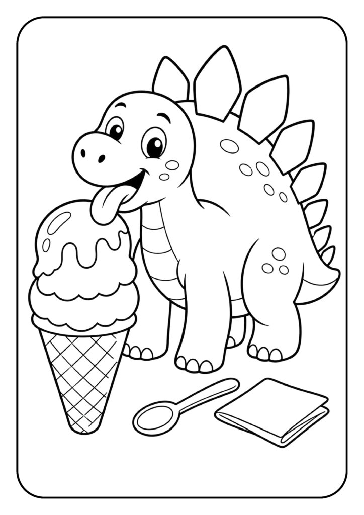 Leuke kleurplaat van een vrolijke Stegosaurus die een ijsje likt, geschikt voor kleuters