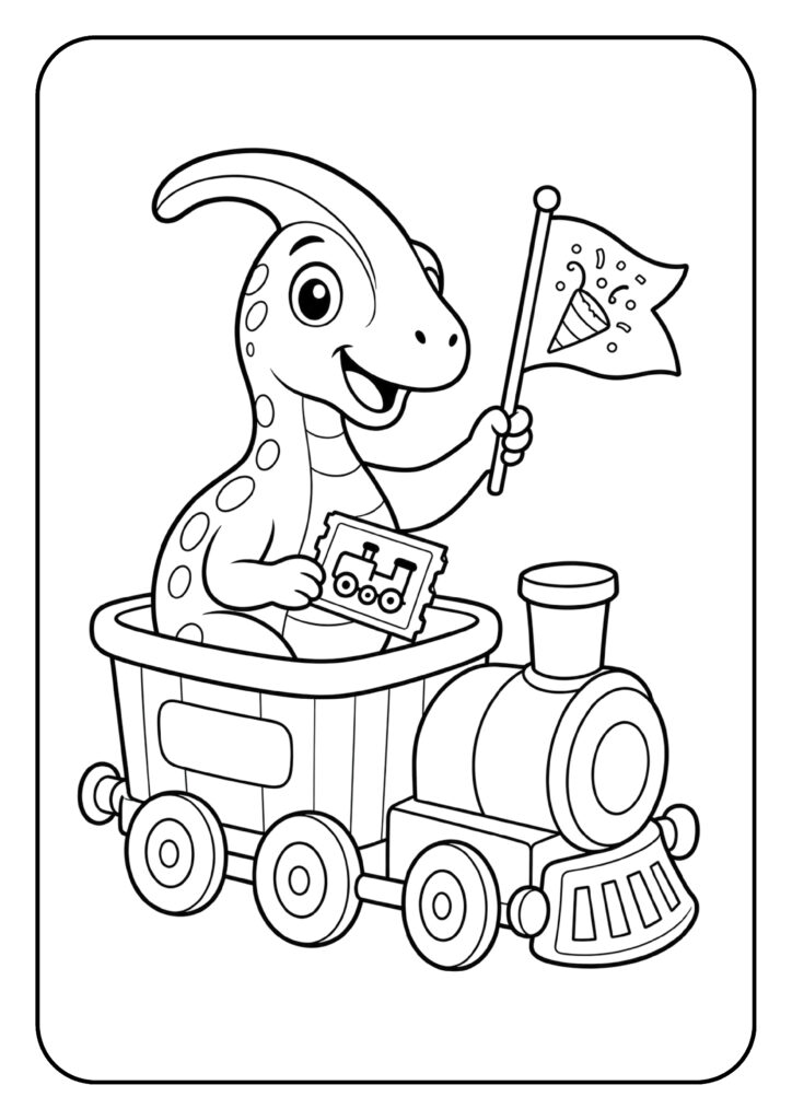 Kleurplaat van een schattige Parasaurolophus dinosaurus die in een speelgoedtrein zit met een feestvlag.