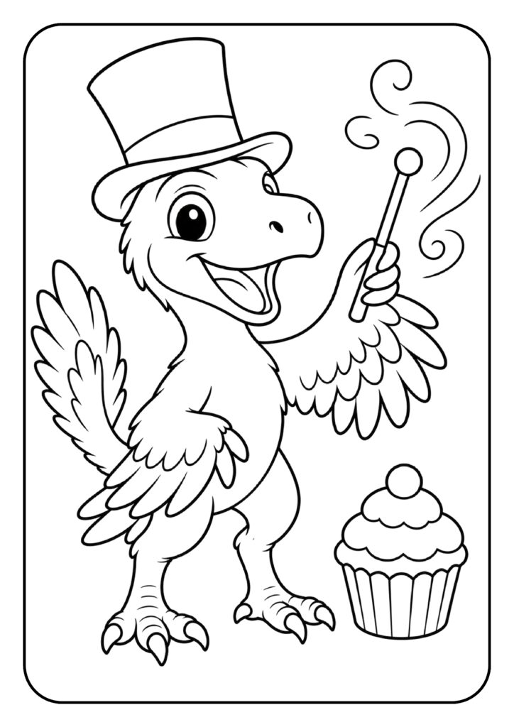 Leuke kleurplaat van een vrolijke dinosaurus met een hoge hoed en een toverstok naast een cupcake.