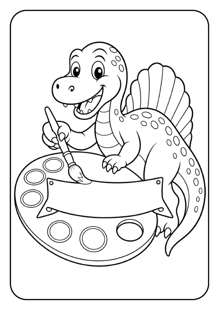 Vrolijke schattige dinosaurus die een schilderskwast vasthoudt en bezig is met schilderen met een palet.
