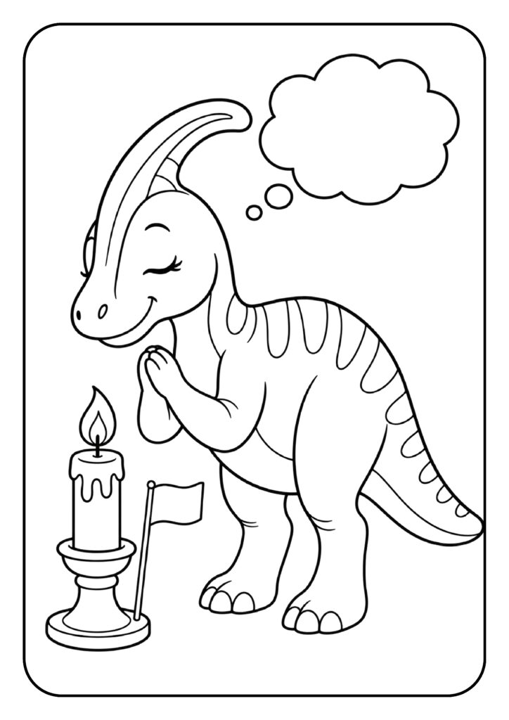 Vrolijke schattige Parasaurolophus kleurplaat die haar handen vouwt naast een brandende kaars met een vlaggetje
