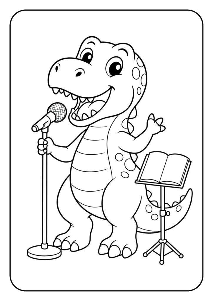 Leuke kleurplaat van een vrolijke dinosaurus die zingt met een microfoon en een muziekstandaard.