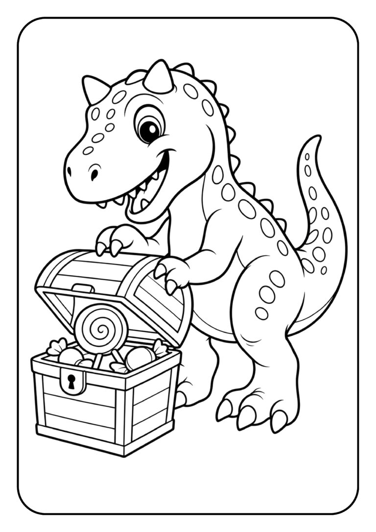 Vrolijke dinosaurus die een schatkist met snoep opent op een eenvoudige en schattige kleurplaat