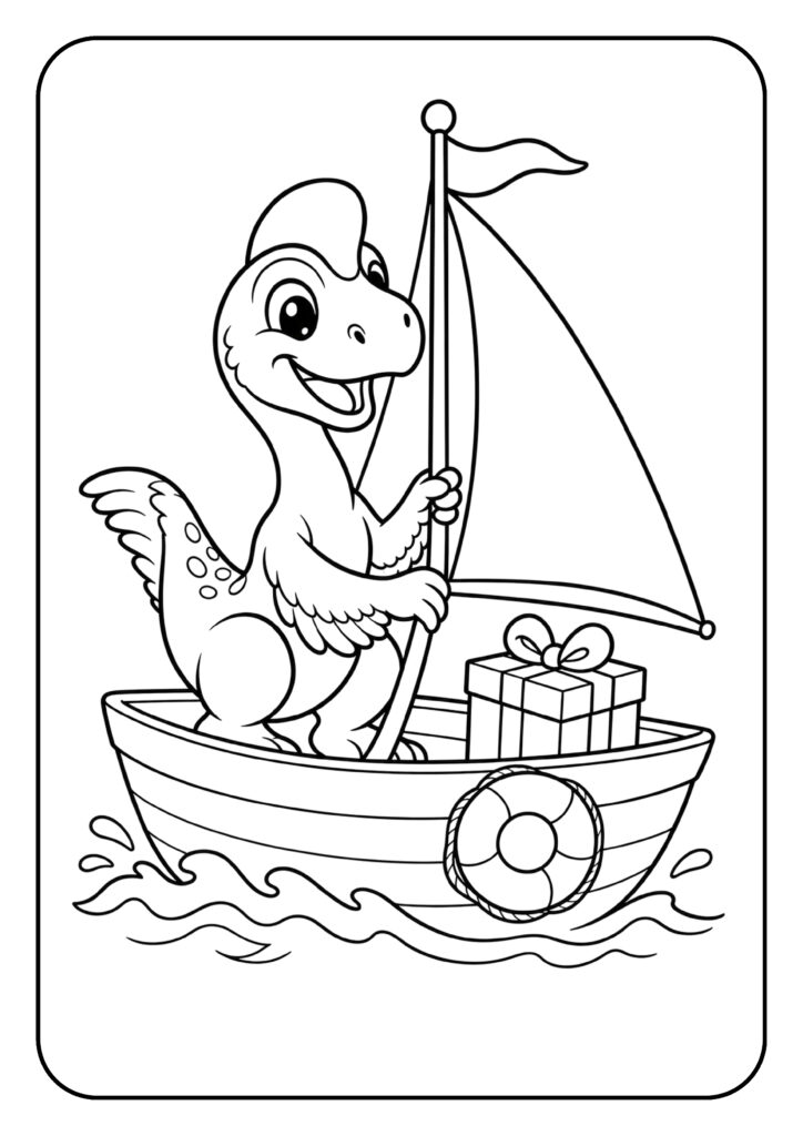 Leuke kleurplaat van een vrolijke dinosaurus op een zeilboot met een cadeau aan boord.