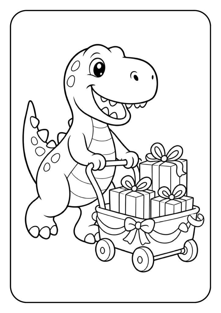 Schattige dinosaurus duwt een karretje vol cadeautjes op een vrolijke kleurplaat met een feestelijke sfeer