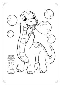Leuke kleurplaat van een vrolijke dinosaurus die bellen blaast, speciaal ontworpen voor kleuters.
