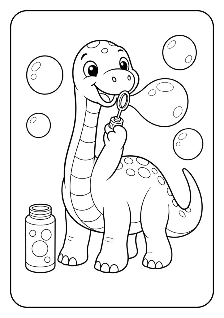 Leuke kleurplaat van een vrolijke dinosaurus die bellen blaast, speciaal ontworpen voor kleuters.