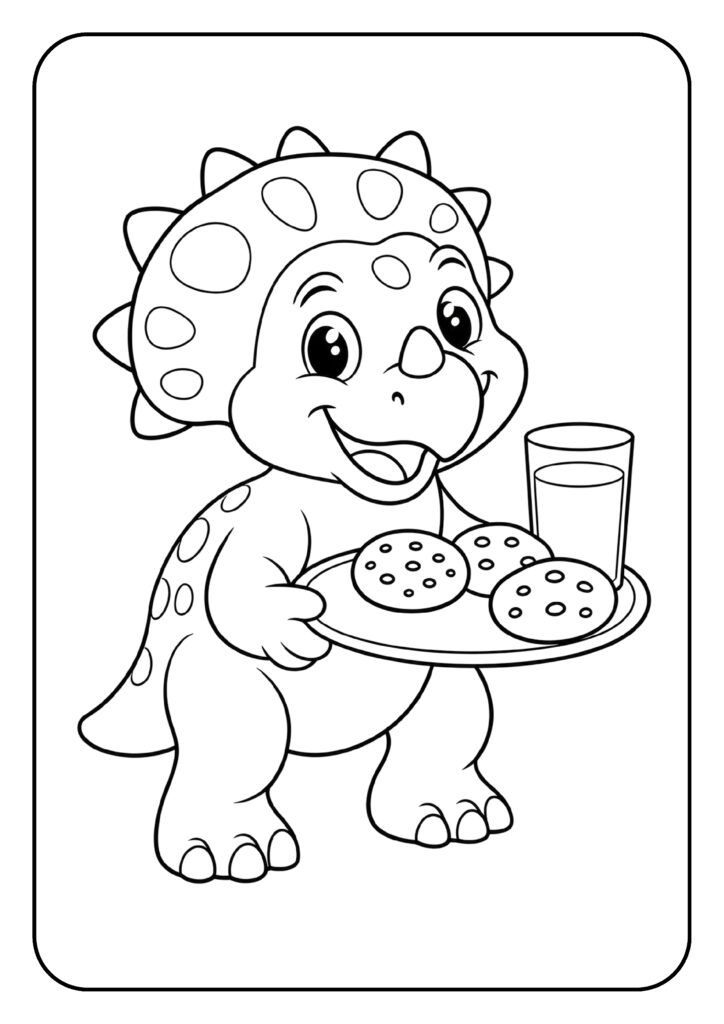Leuke kleurplaat van een vrolijke stegosaurus die een bord met koekjes en een glas melk vasthoudt.