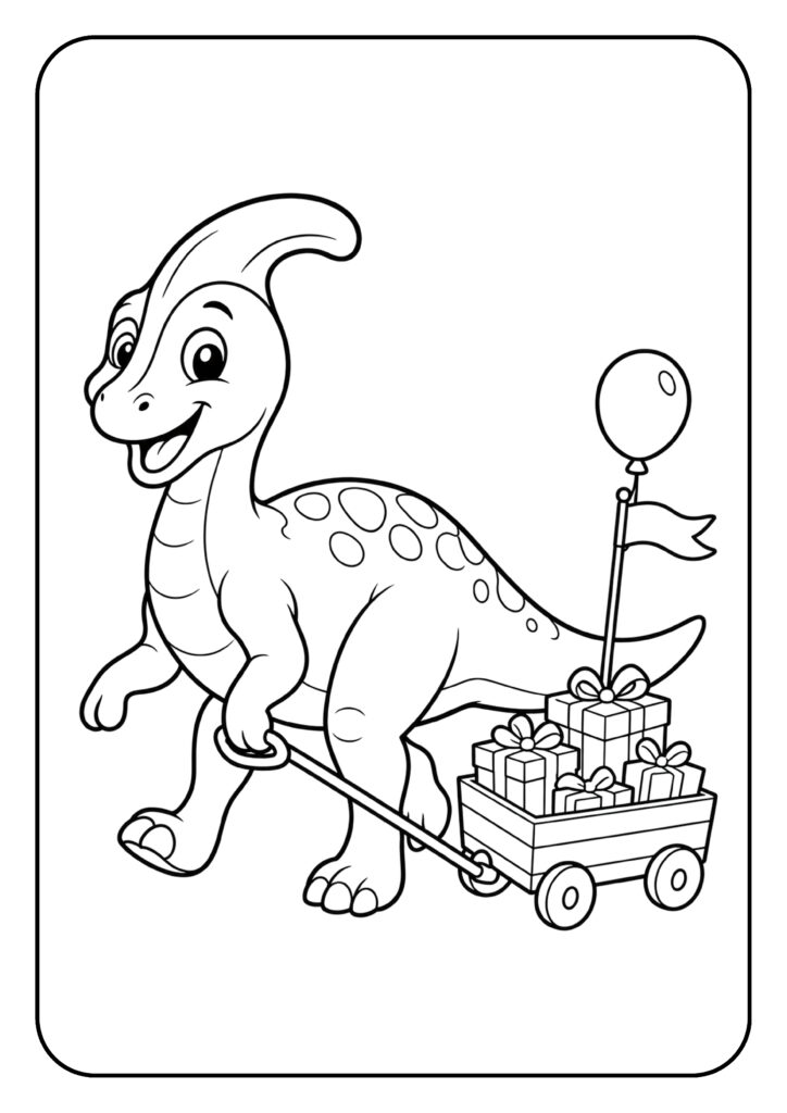 Kleurplaat van een vrolijke Parasaurolophus dinosaurus die een karretje met cadeaus en een ballon trekt