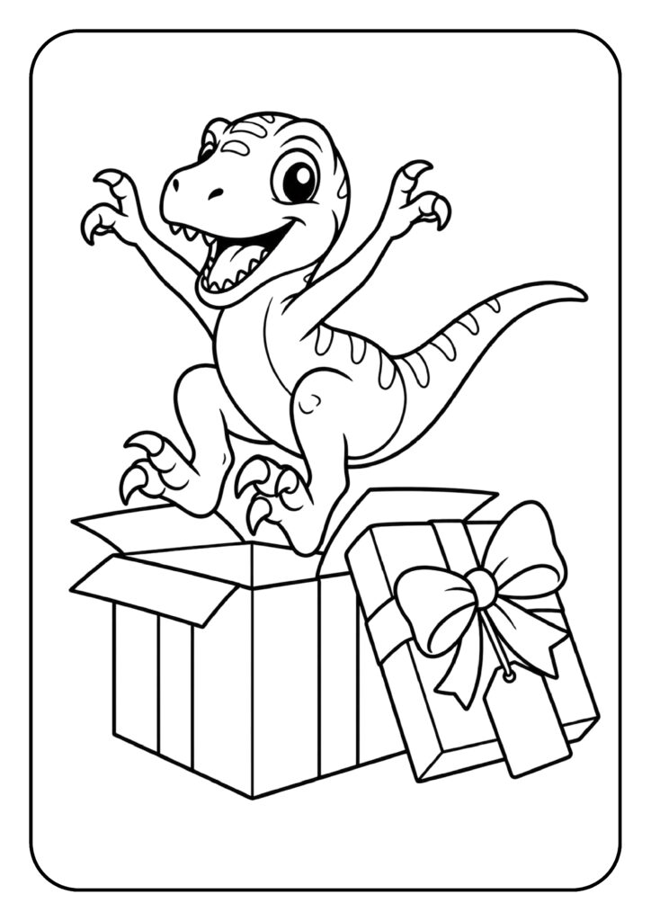 kleurplaat van een schattige baby dinosaurus die vrolijk uit een cadeaudoos met strik komt