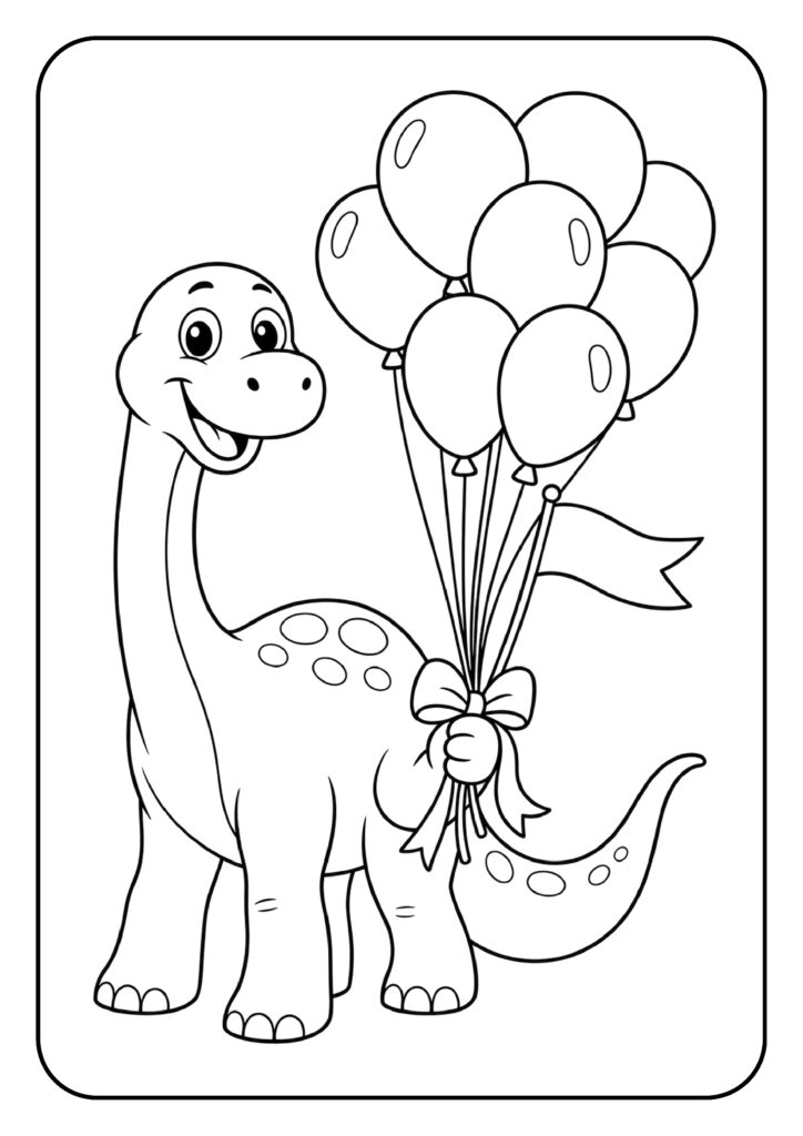 kleurplaat van een schattige cartoon dinosaurus die lacht en een bos ballonnen vasthoudt