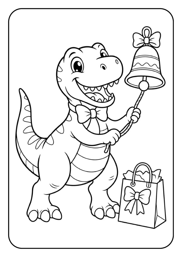 Vrolijke cartoon dinosaurus die een versierde bel luidt met een cadeautasje ernaast
