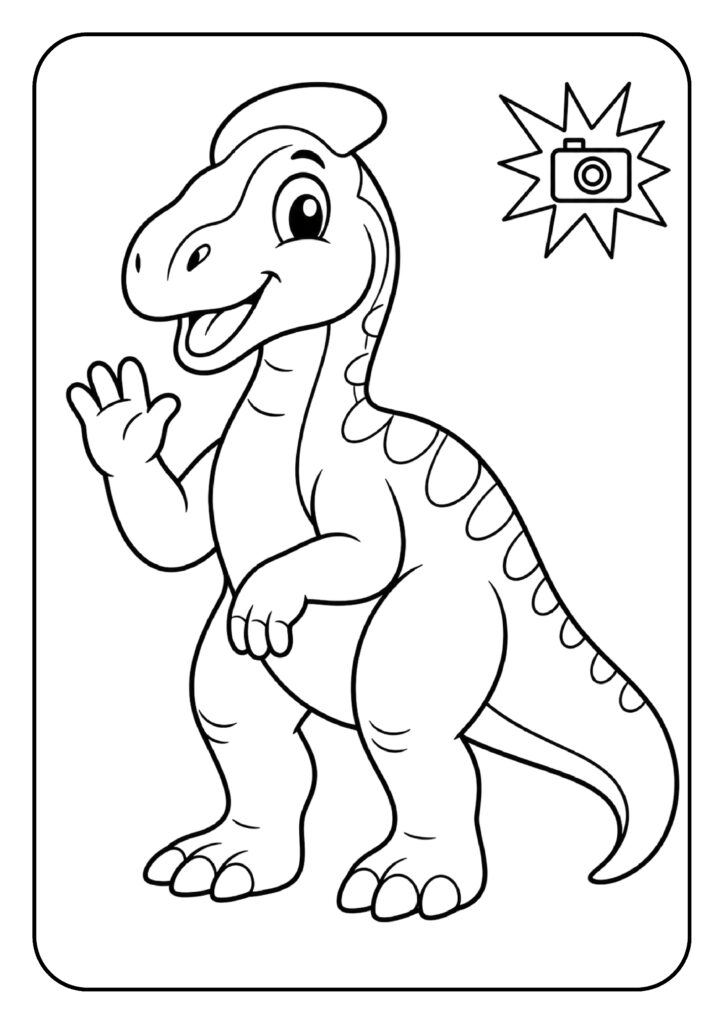 Kleurplaat van een schattige, vriendelijke cartoon dinosaurus die zwaait