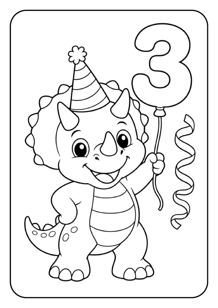 Schattige cartoon triceratops dinosaurus met feesthoed en ballon op verjaardag kleurplaat voor peuters
