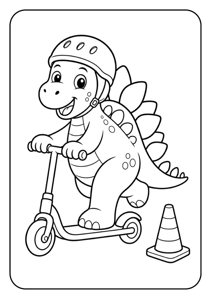 Een schattige stegosaurus met helm die op een scooter rijdt naast een verkeerskegel kleurplaat