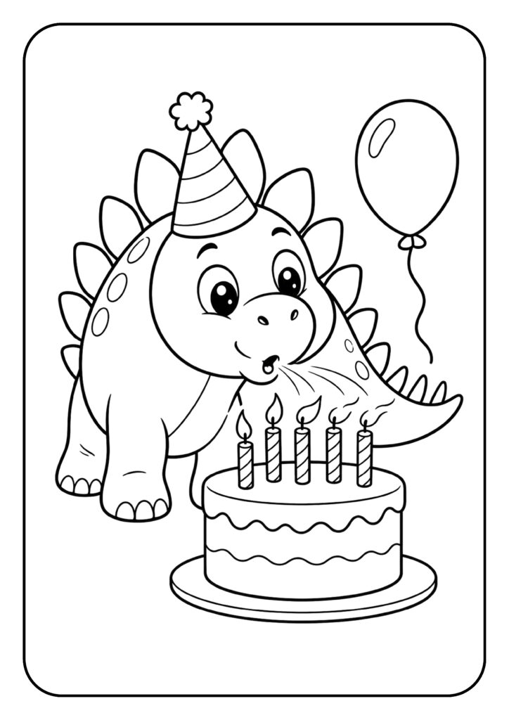Zwart-wit kleurplaat van een schattige dinosaurus met feesthoed die kaarsjes uitblaast op een verjaardagstaart met ballon op de achtergrond