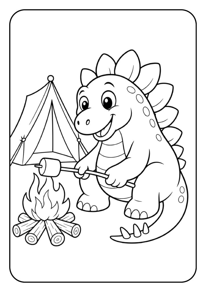 Kleurplaat van een schattige dinosaurus die marshmallows roostert bij een kampvuur voor een tent