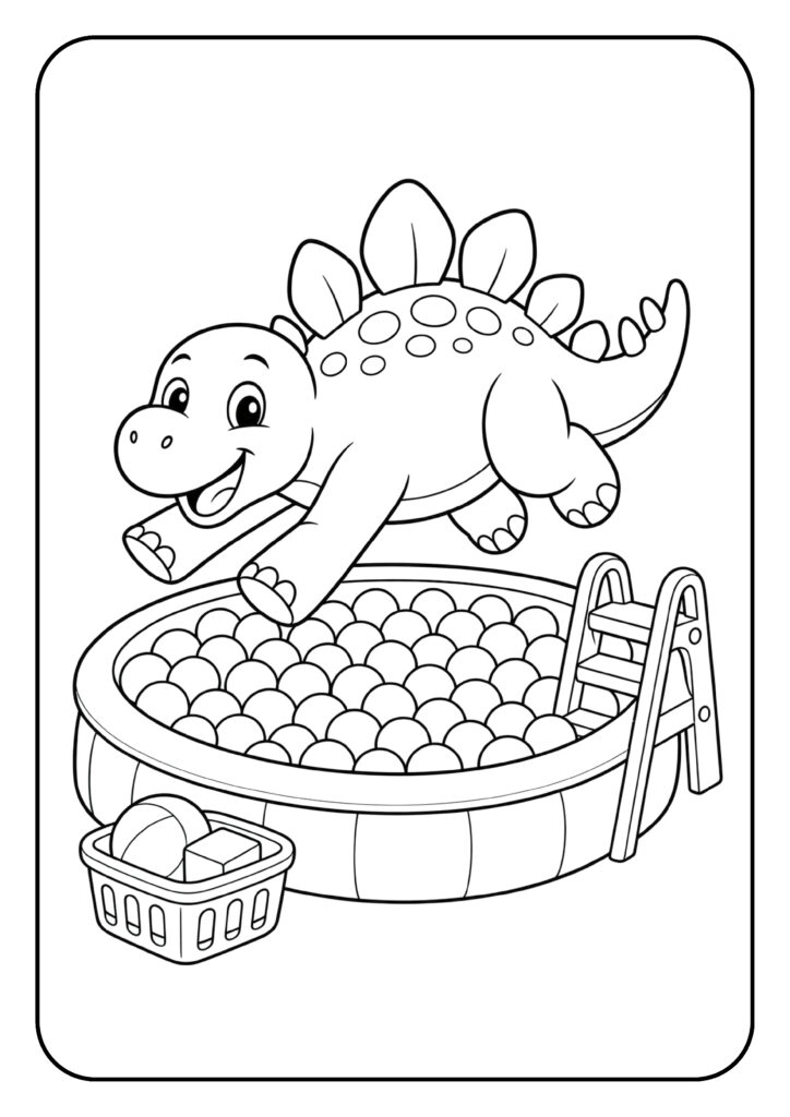 Kleurplaat van een vrolijke stegosaurus die in een ballenbak springt met een ladder erbij