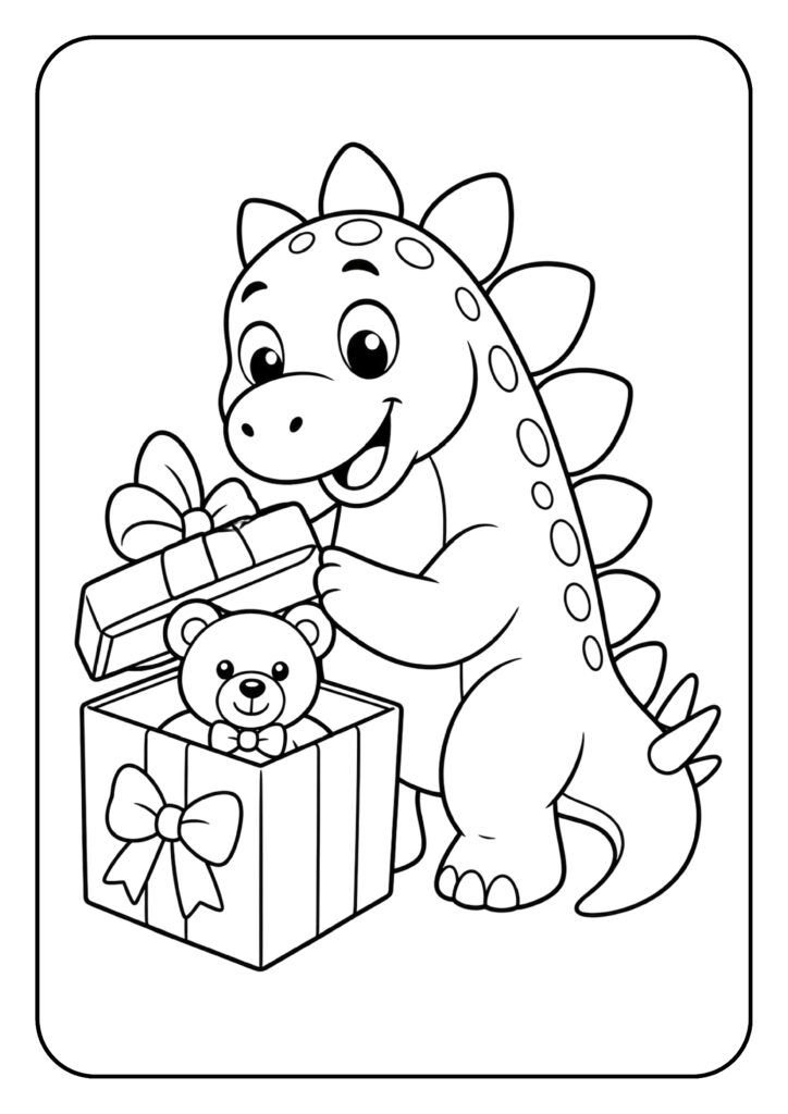 kleurplaat van een vrolijke cartoon dino die een cadeau opent met een teddybeer erin