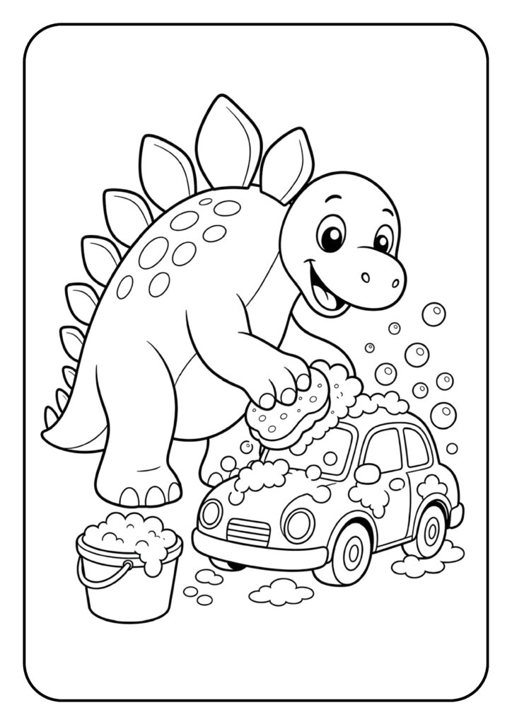 Kleurplaat van een schattige Stegosaurus die blij een auto wast met zeep en spons