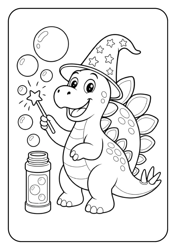 Kleurplaat van een schattige dinosaurus met een tovenaarshoed die bellen blaast met een toverstokje