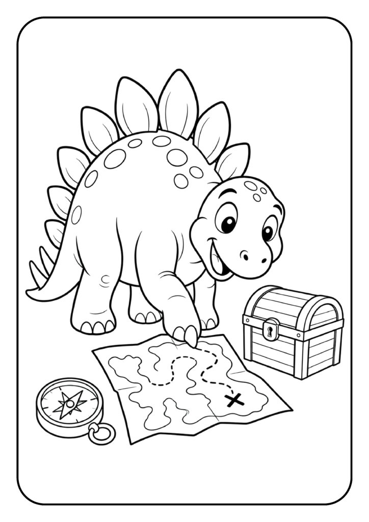Schattige stegosaurus kleurplaat met een schatkaart, kompas en schatkist