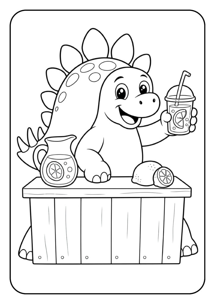 Kleurplaat van een schattige stegosaurus die blij limonade verkoopt bij een houten kraampje