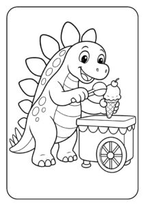 Schattige cartoon dinosaurus die vrolijk ijsjes uitdeelt op een kleurplaat voor kinderen