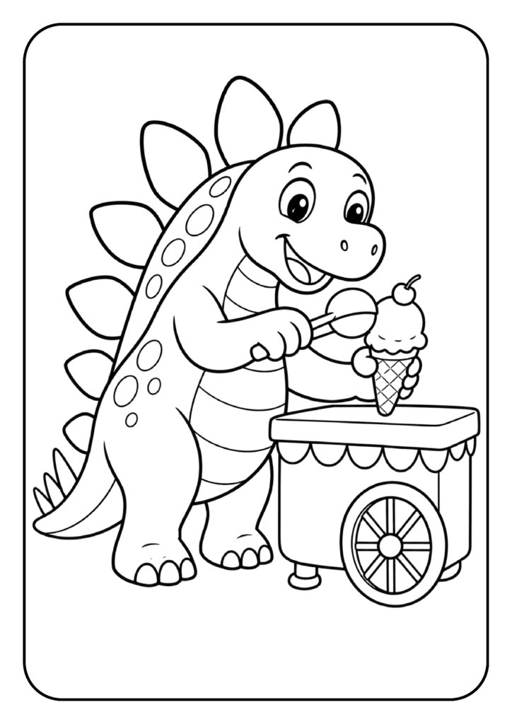 Schattige cartoon dinosaurus die vrolijk ijsjes uitdeelt op een kleurplaat voor kinderen