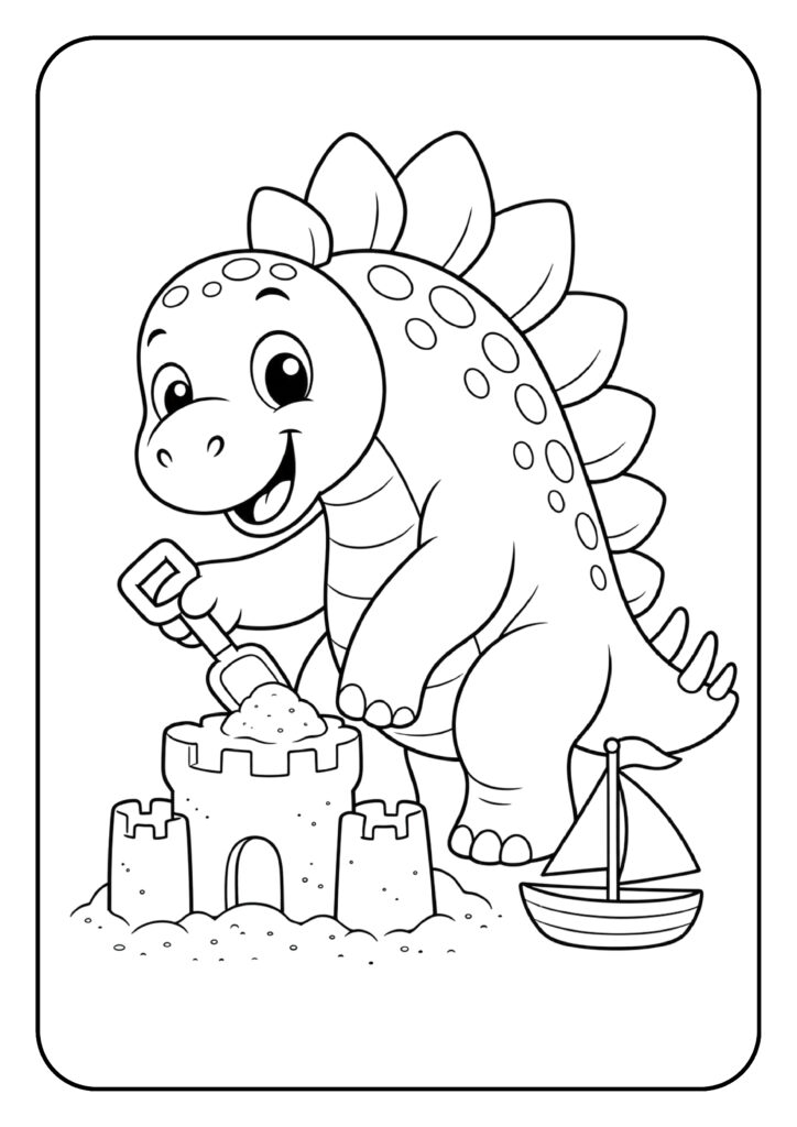 Schattige cartoon stegosaurus dinosaurus die een zandkasteel bouwt op het strand kleurplaat