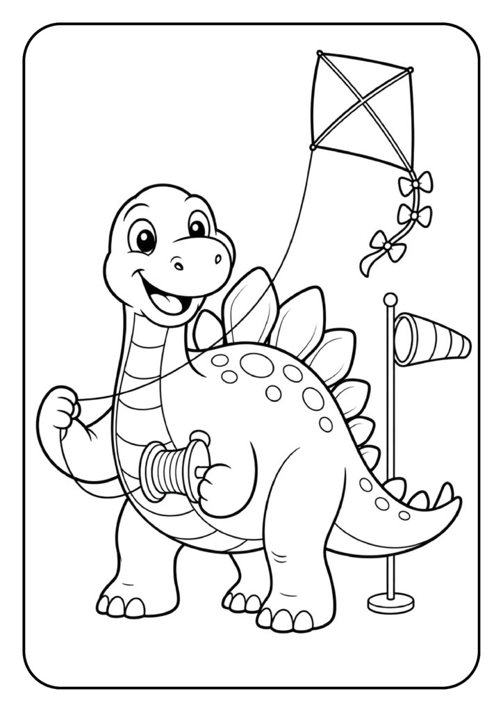 kleurplaat van een schattige blije stegosaurus dinosaurus die een vlieger bestuurt