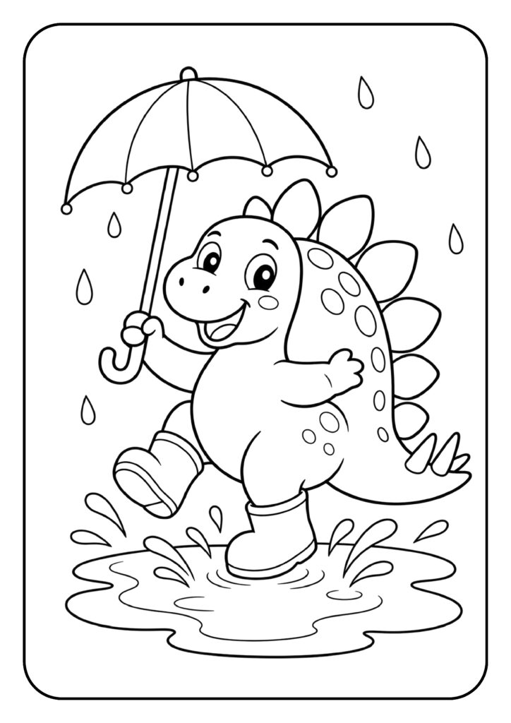 Kleurplaat van een schattige cartoon dinosaurus met paraplu die in een plas springt op een regenachtige dag