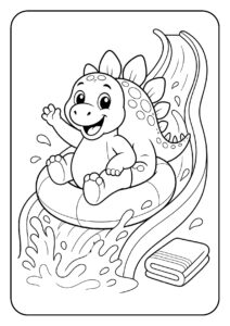 Kleurplaat van een schattige cartoon dinosaurus die van een waterglijbaan glijdt op een zwemband
