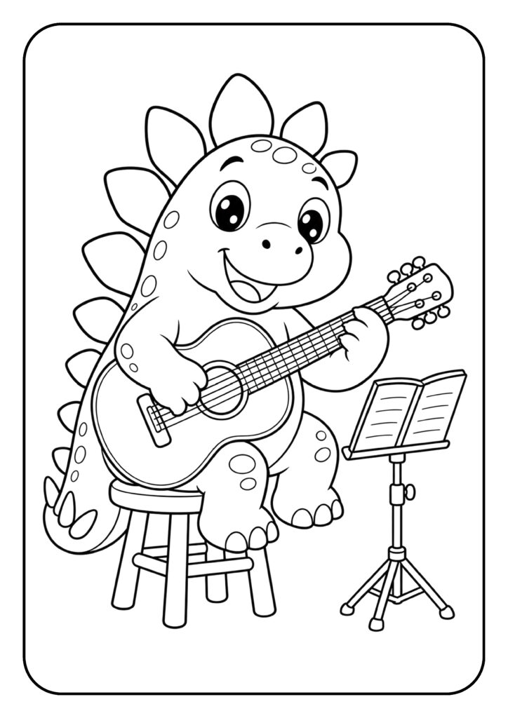 Kleurplaat van een schattige cartoon dinosaurus die vrolijk gitaar speelt terwijl hij op een krukje zit met een muziekstandaard erbij
