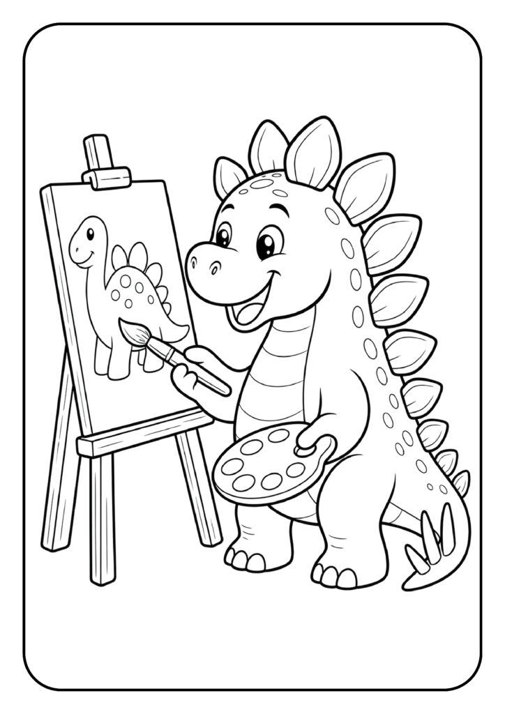 schattige cartoon stegosaurus dinosaurus die een schilderij van een dinosaurus maakt kleurplaat