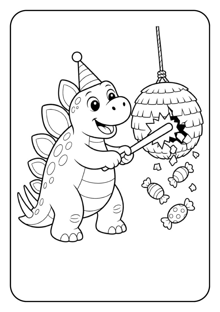 schattige dinosaurus met feesthoed die een candy-piñata slaat in een vrolijke verjaardagskleurplaat