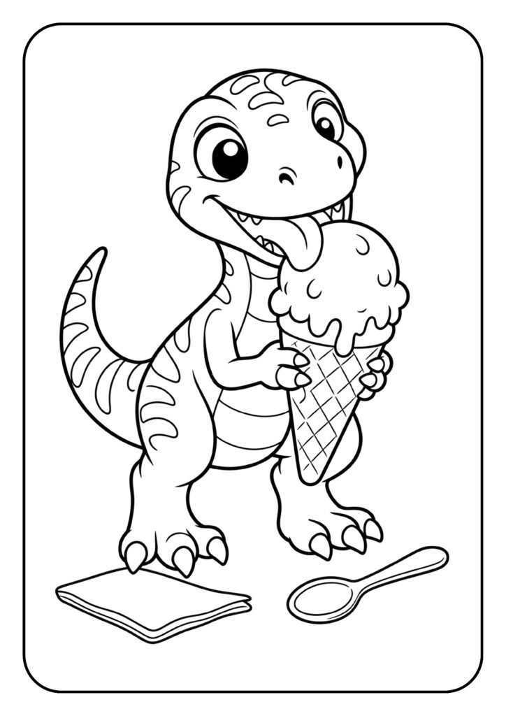 schattige cartoon dinosaurus met een ijsje in een zwart-wit kleurplaat