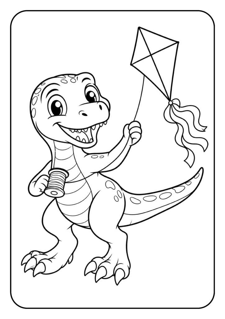 Schattige cartoon dinosaurus die blij een vlieger vliegt op een kleurplaat voor kinderen