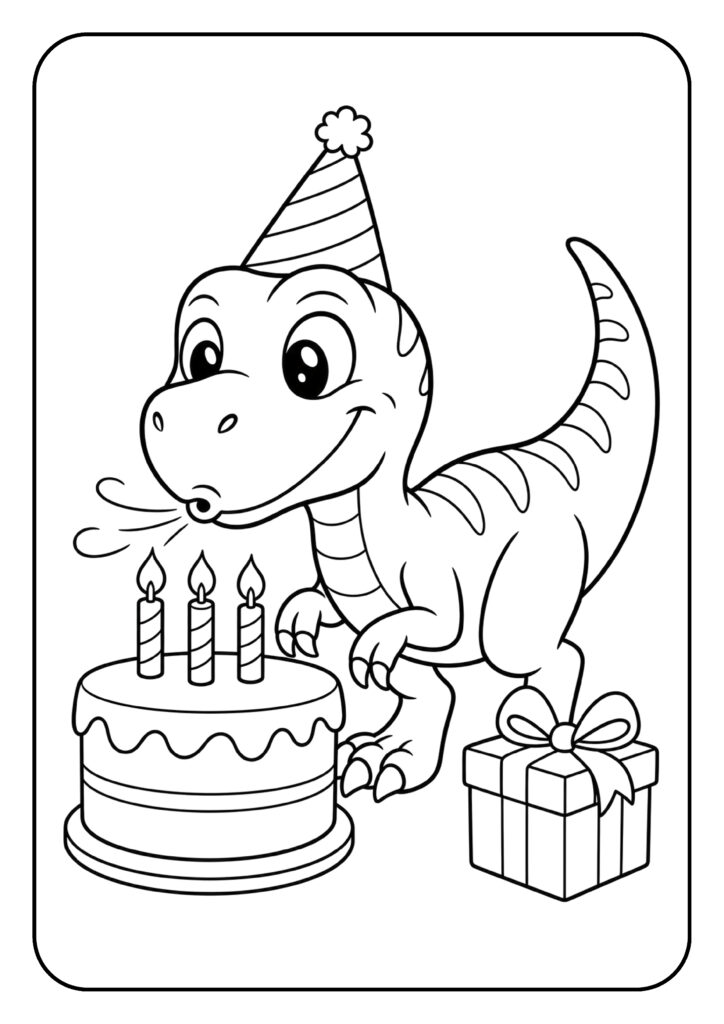 Vrolijke cartoon dinosaurus met feesthoed blaast kaarsjes uit op verjaardagstaart kleurplaat
