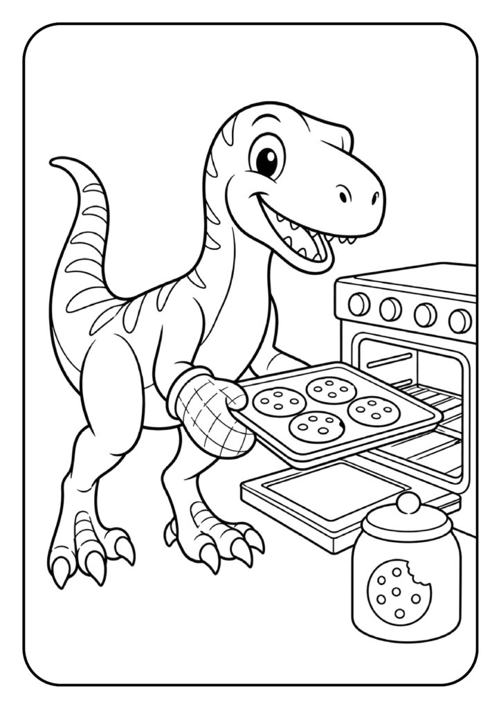 Schattige dinosaurus met ovenwant koekjes bakken in de oven
