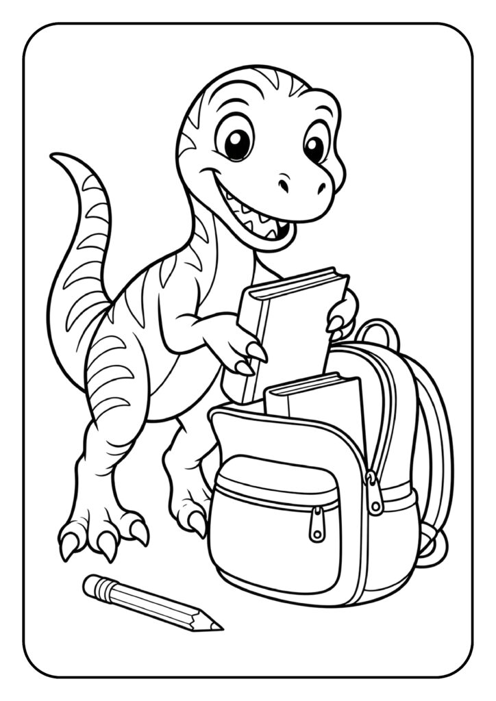 Kleurplaat van een schattige dinosaurus die enthousiast boeken in een rugzak stopt