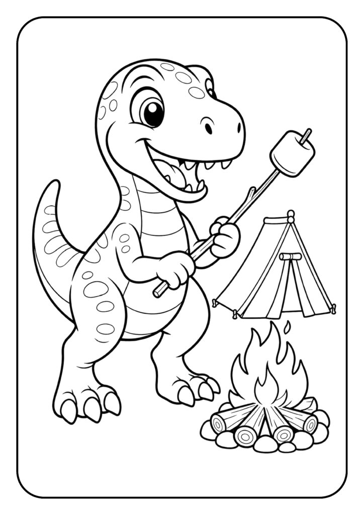 Leuke cartoon dinosaurus die een marshmallow roostert bij een kampvuur naast een tent