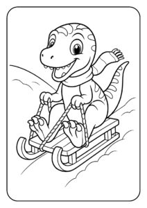 Een schattige dinosaurus met een sjaal sleeënd van een besneeuwde heuvel op een kleurplaat