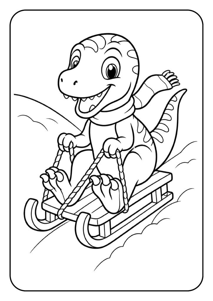 Een schattige dinosaurus met een sjaal sleeënd van een besneeuwde heuvel op een kleurplaat