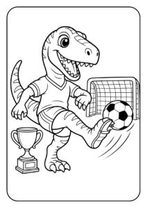 Kleurplaat van een schattige dinosaurus die voetbal speelt en een doelpunt scoort naast een beker