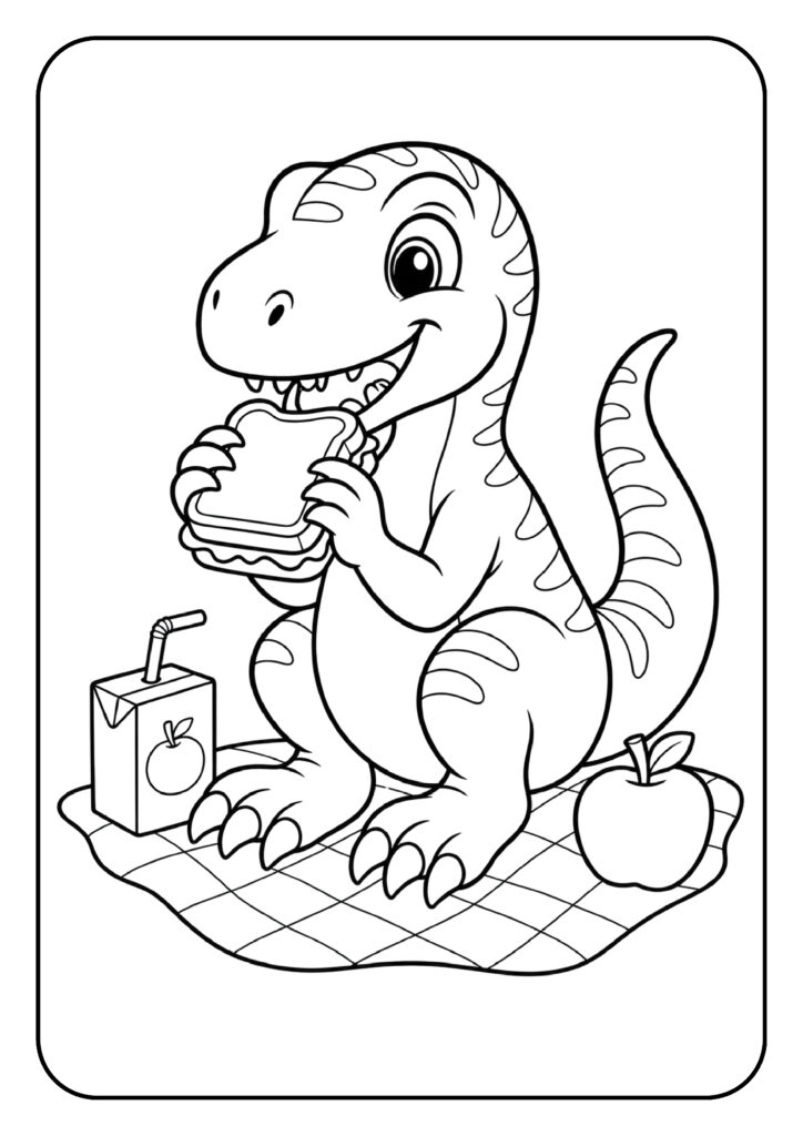 Schattige cartoon dinosaurus eet sandwich tijdens picknick op geruit kleed kleurplaat